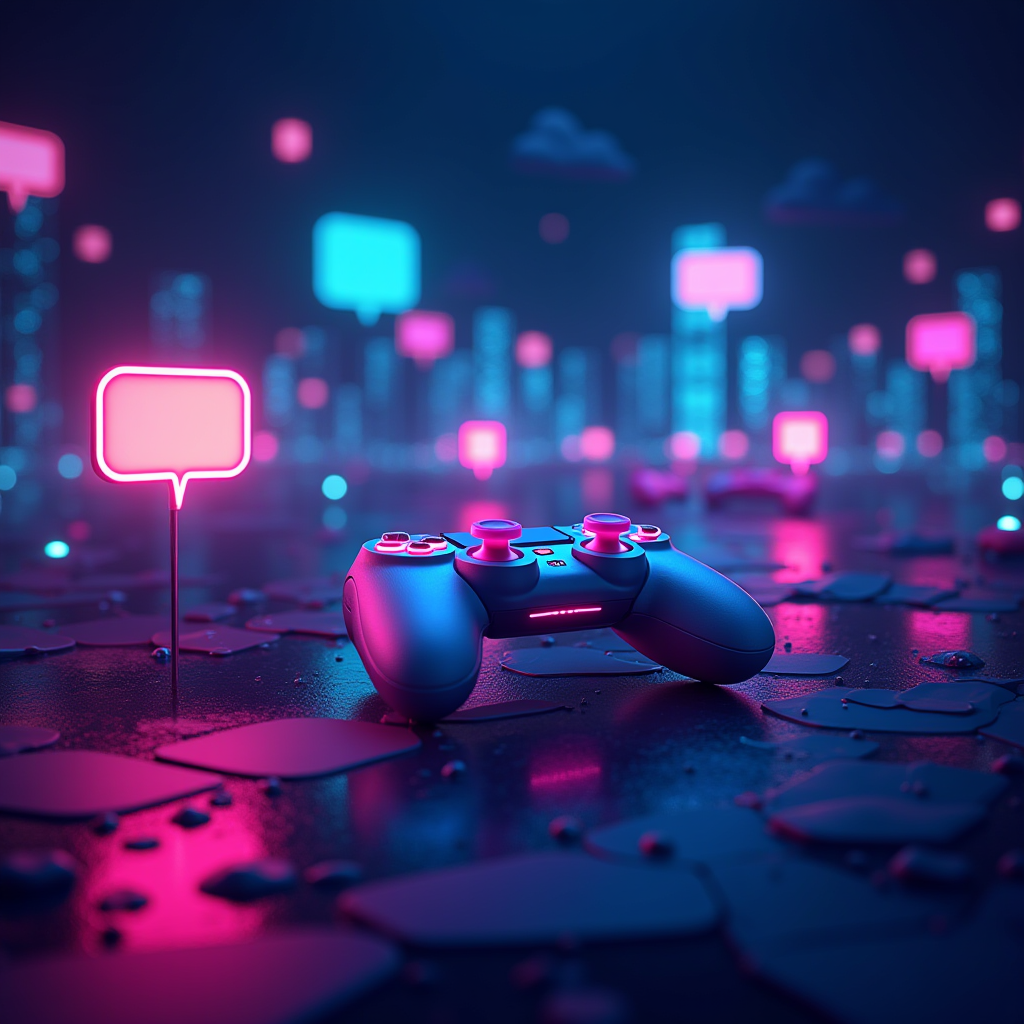 Abstract digital gaming landscape with neon pixel art elements, glowing controllers and chat bubbles floating in cyberspace