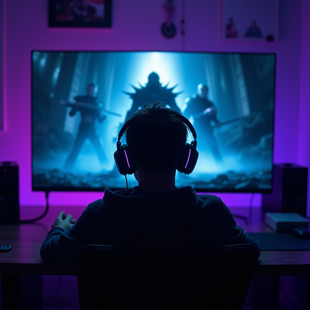 A determined gamer sitting in front of a screen showing a challenging Dark Souls boss fight, with neon blue and purple lighting illuminating their focused expression, representing the journey of mastering difficult games