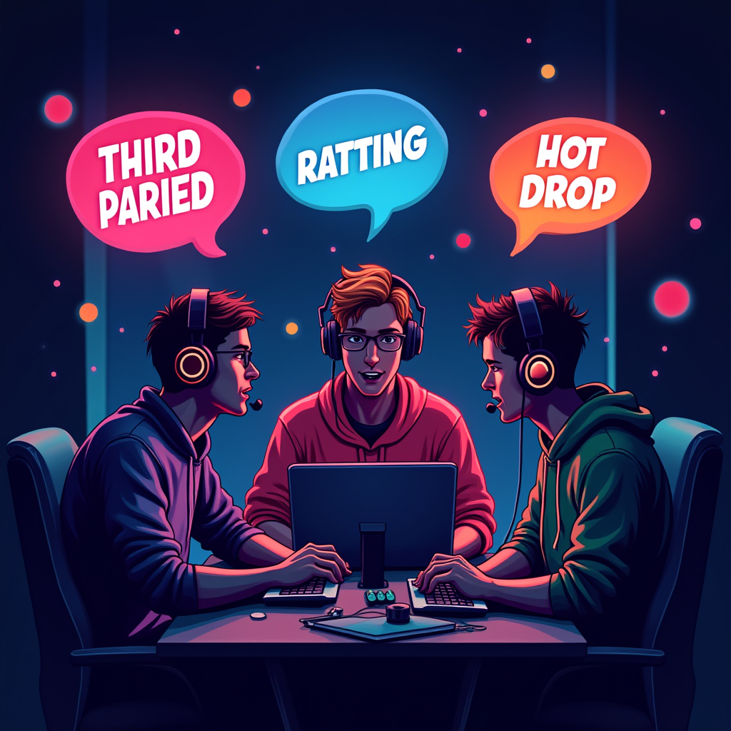 Dynamic illustration of a battle royale squad communicating through headsets, with speech bubbles showing gaming slang terms like 'third-partied', 'ratting', and 'hot drop' floating around them in neon colors against a dark gaming environment backdrop
