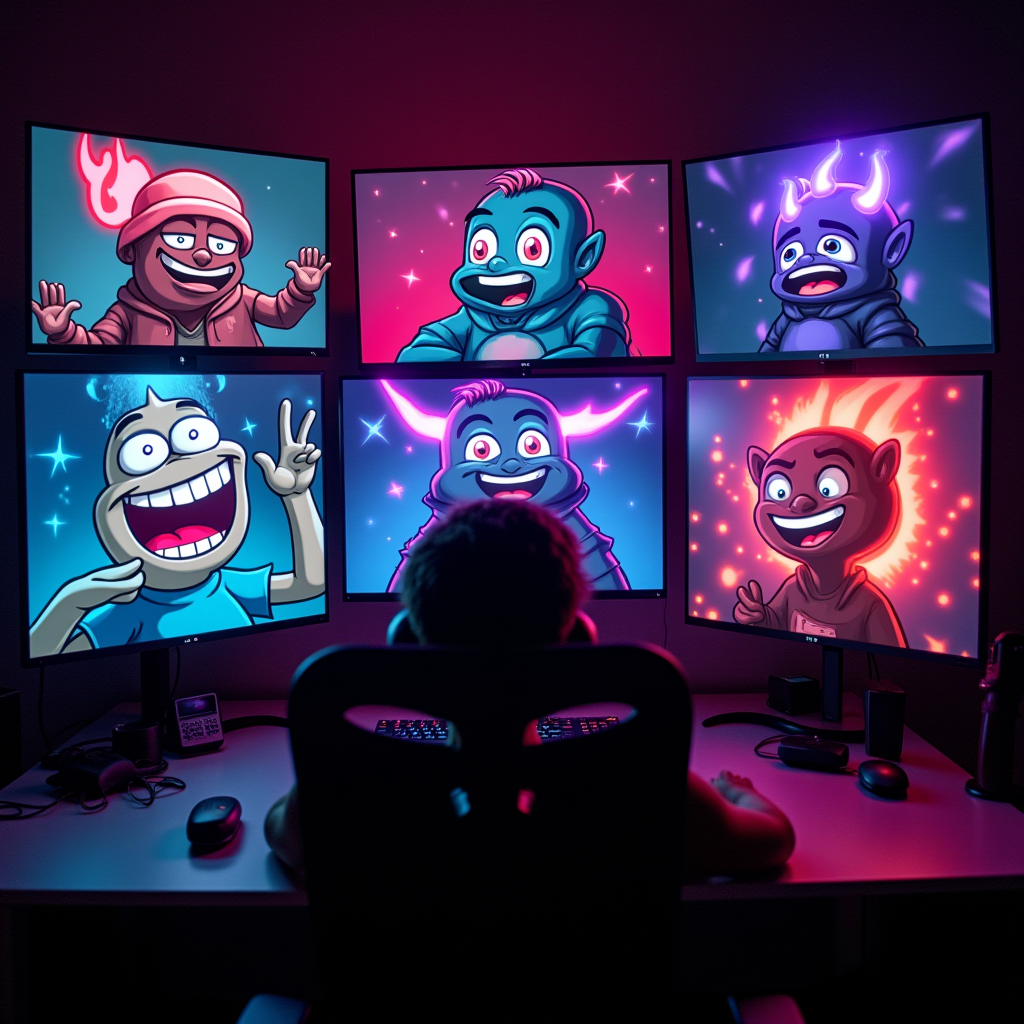 Collage of popular gaming memes, Twitch emotes, and Discord reactions displayed on multiple screens with vibrant neon colors