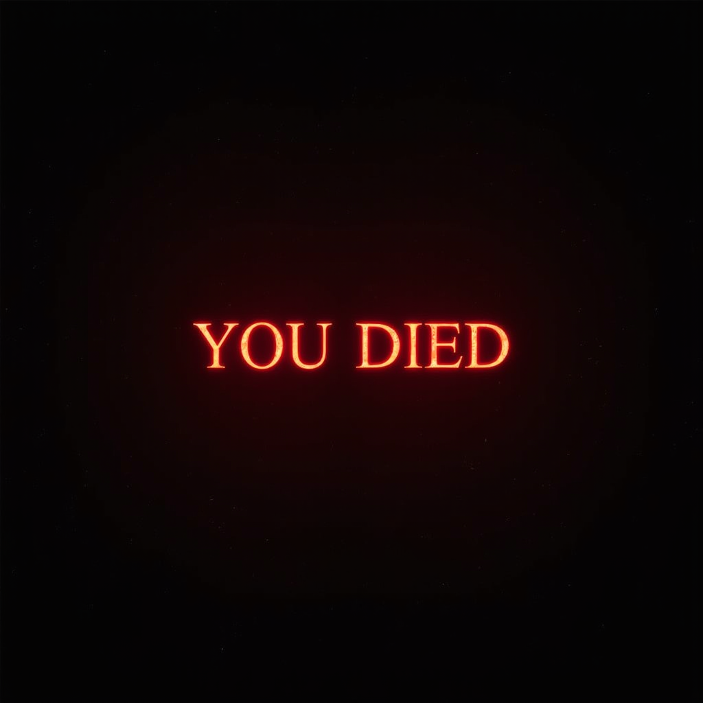 The iconic 'YOU DIED' screen from Dark Souls displayed in bold red letters against a dark background, symbolizing the game's notorious difficulty and the countless deaths players experience while learning