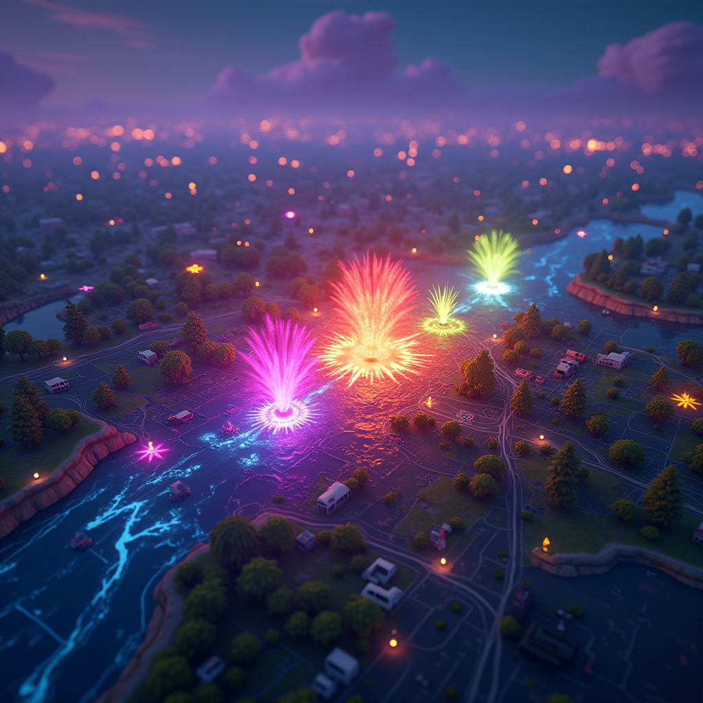 Intense gaming scene showing three different colored squad markers converging on a single location on a battle royale map, with explosion effects and combat indicators, illustrating the chaos of being third-partied in vibrant neon colors