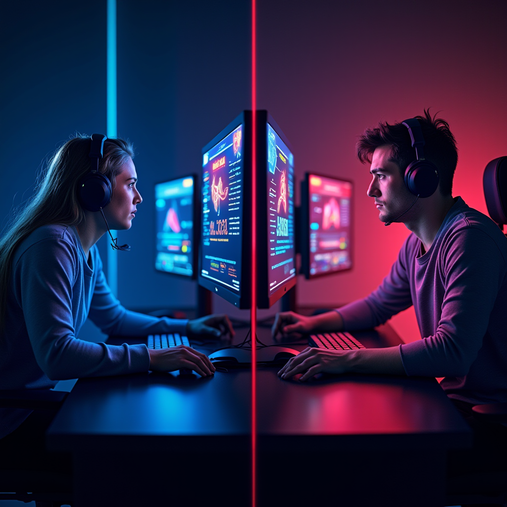 Split screen showing two junglers in League of Legends, one dominating with glowing stats, the other struggling, neon gaming aesthetic