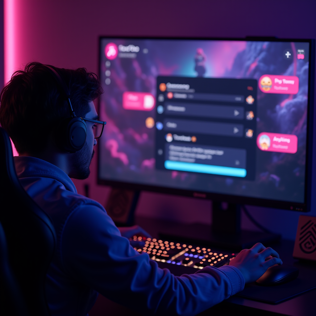 Twitch streamer interacting with chat overlay showing emotes and gaming slang in a neon-lit gaming setup