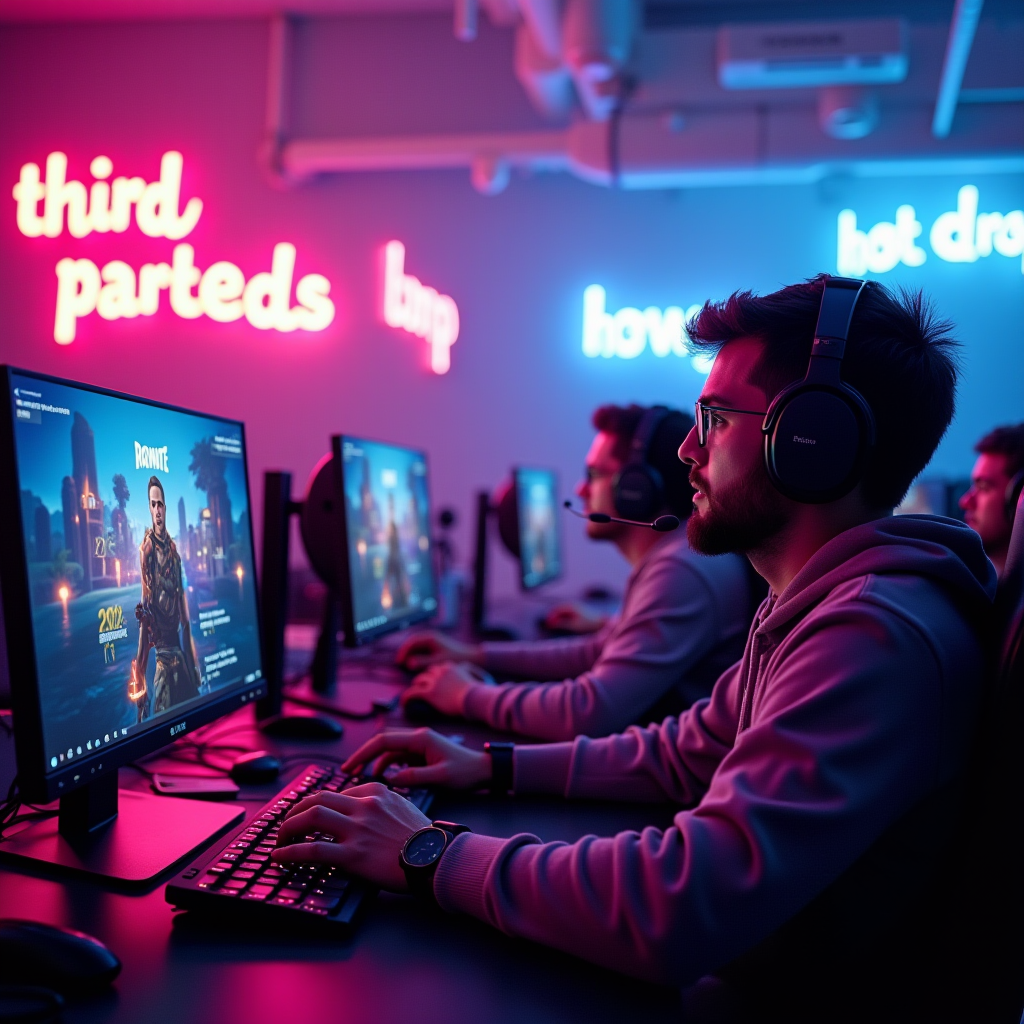A vibrant gaming scene showing a squad of players in a battle royale game with neon overlays displaying gaming slang terms like 'third-partied' and 'hot drop', capturing the intense communication and strategy of competitive gaming