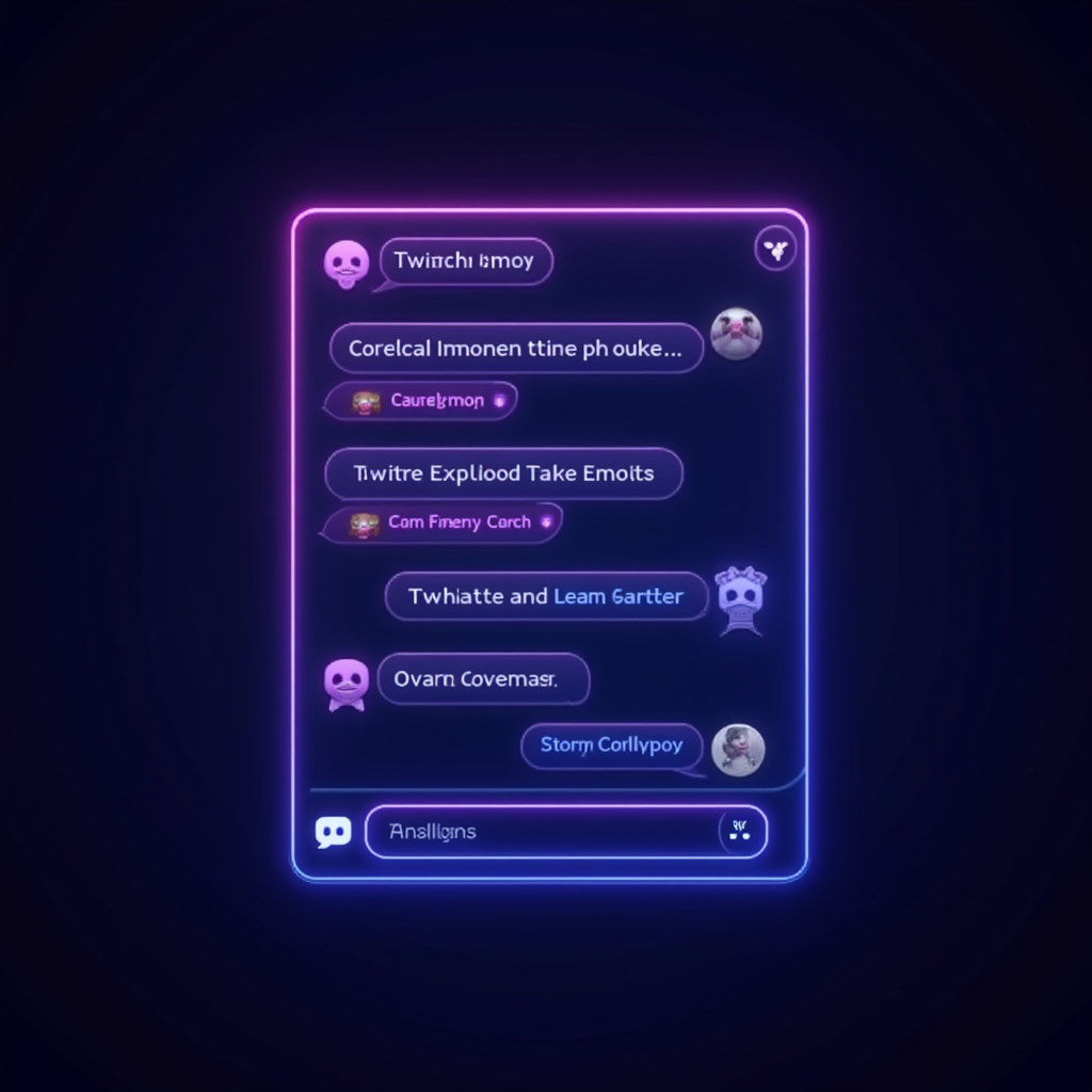 A screenshot-style image of a Discord server chat window showing a natural conversation between gamers using various Twitch emotes mixed with text, demonstrating how emotes are integrated into everyday gaming communication with purple and blue neon highlights