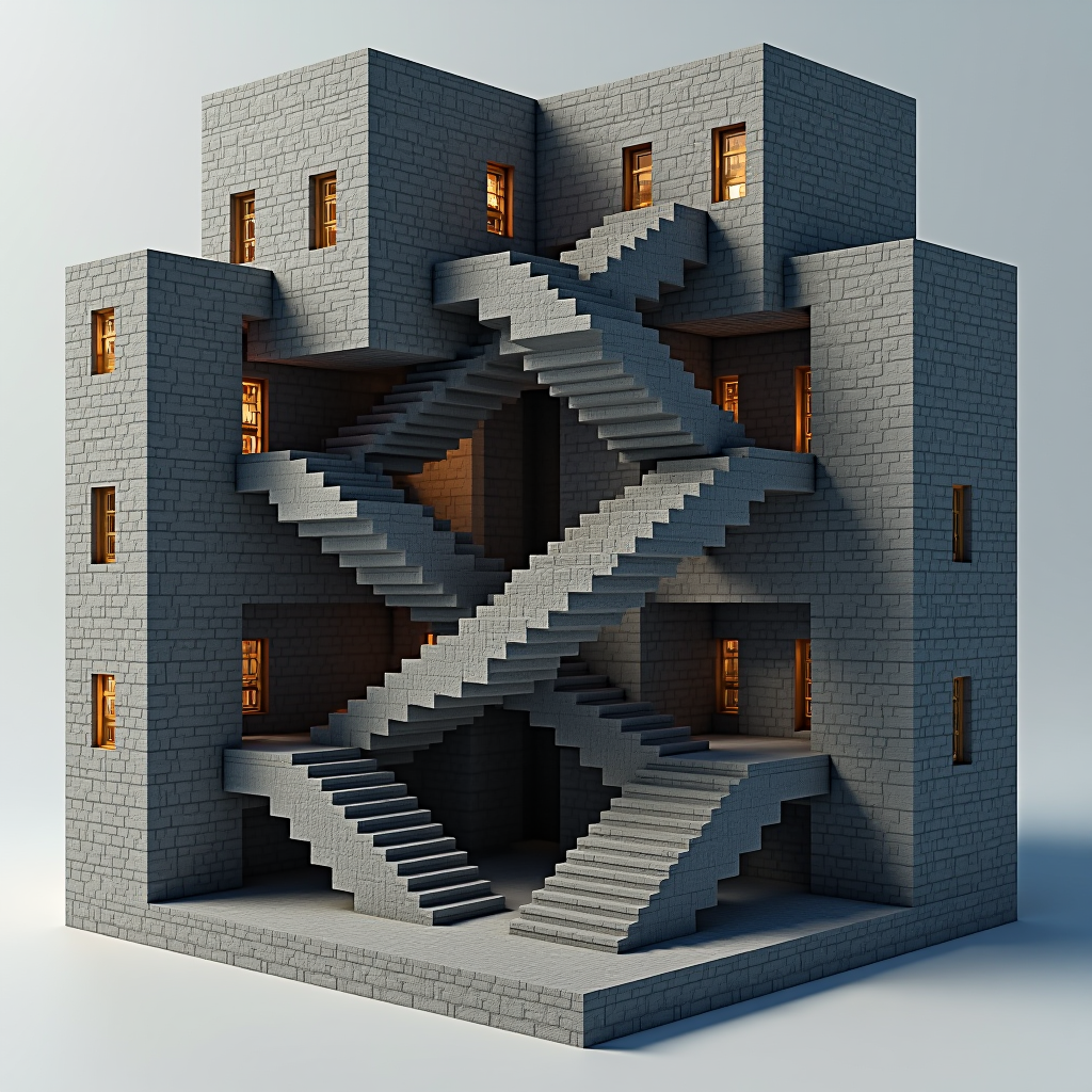 Minecraft build featuring impossible geometry with staircases leading to nowhere, doors opening into walls, and perspective-defying architecture that creates a cursed aesthetic