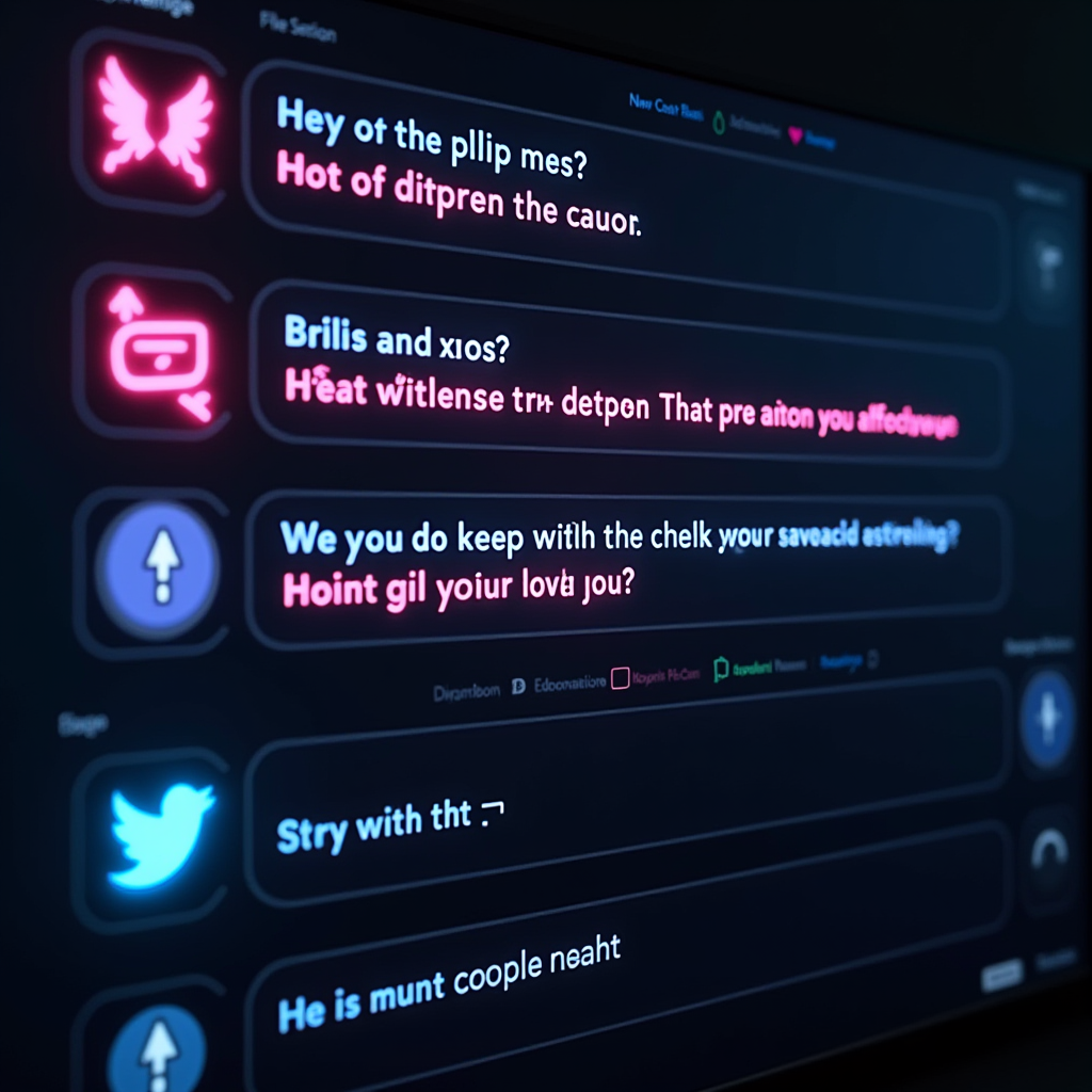 League of Legends chat interface with glowing neon text showing various diff messages, cyberpunk aesthetic, gaming UI design