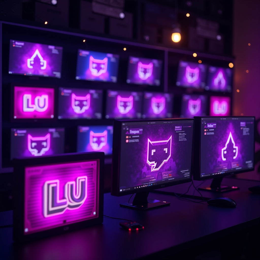 A collage of popular Twitch emotes like PogChamp, Kappa, and LUL displayed on multiple screens with neon purple and magenta glow effects, representing the visual language that connects gaming communities across platforms