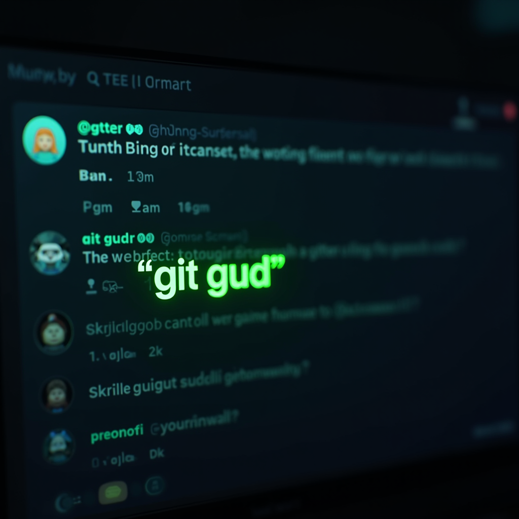 A Twitch streaming interface showing a live gameplay with chat messages scrolling by, featuring 'git gud' and other gaming slang in neon green text, illustrating how the phrase spread through streaming culture