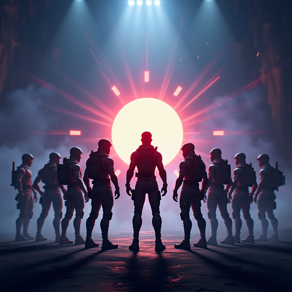 Dramatic final circle moment with one player standing victorious among multiple eliminated opponents, victory screen glowing, capturing the intense emotion of clutching a battle royale match with cinematic lighting and effects