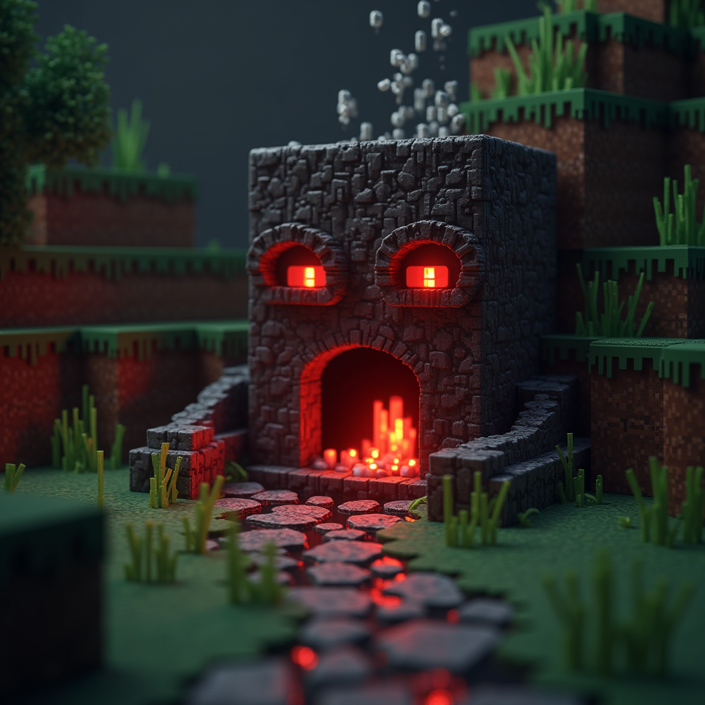 Deliberately created cursed Minecraft scene showing a player using custom texture packs and mods to create an intentionally unsettling and humorous build that exemplifies the evolution of cursed content from accident to art form