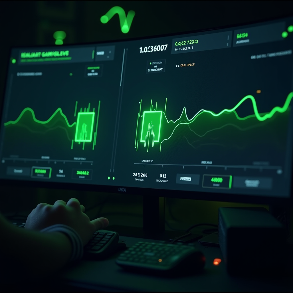 Professional League of Legends match analysis screen with glowing statistics comparing two players, esports broadcast style, neon green accents
