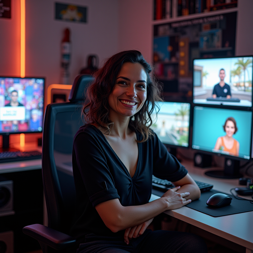 Marina Silva, meme culture analyst, surrounded by gaming memorabilia and multiple monitors displaying memes