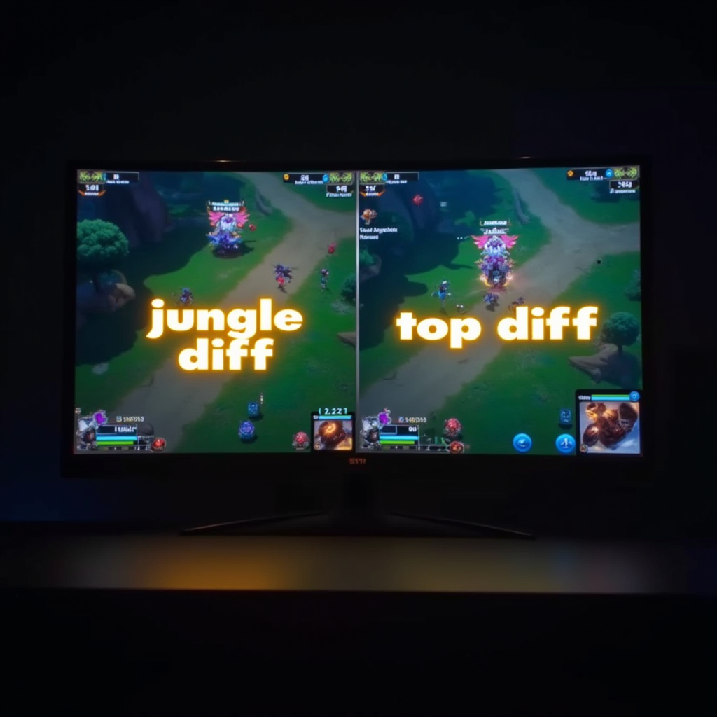 A split-screen showing League of Legends gameplay with jungle and top lane perspectives, with glowing text overlays showing 'jungle diff' and 'top diff' in electric yellow, representing competitive analysis and playful trash talk in the gaming community