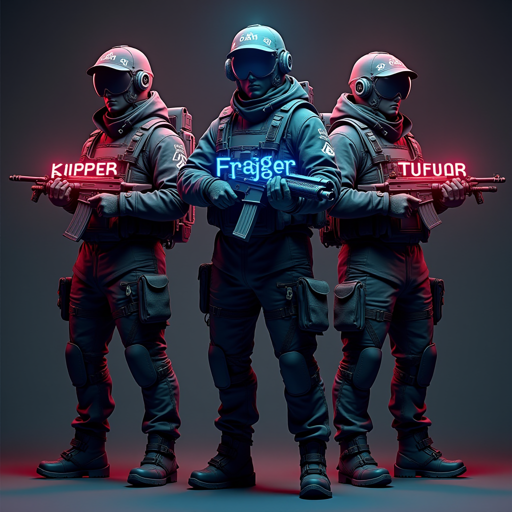 Three distinct player characters representing different squad roles - IGL with tactical overlay, fragger with aggressive loadout, and support with utility items - working together in coordinated formation with role labels in neon text