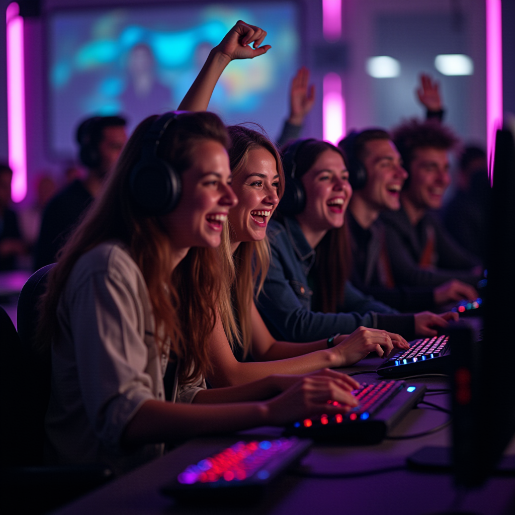 A group of diverse gamers celebrating together at a gaming convention or LAN party, with excited expressions and gaming peripherals visible, showing the positive community bonds formed through shared gaming experiences