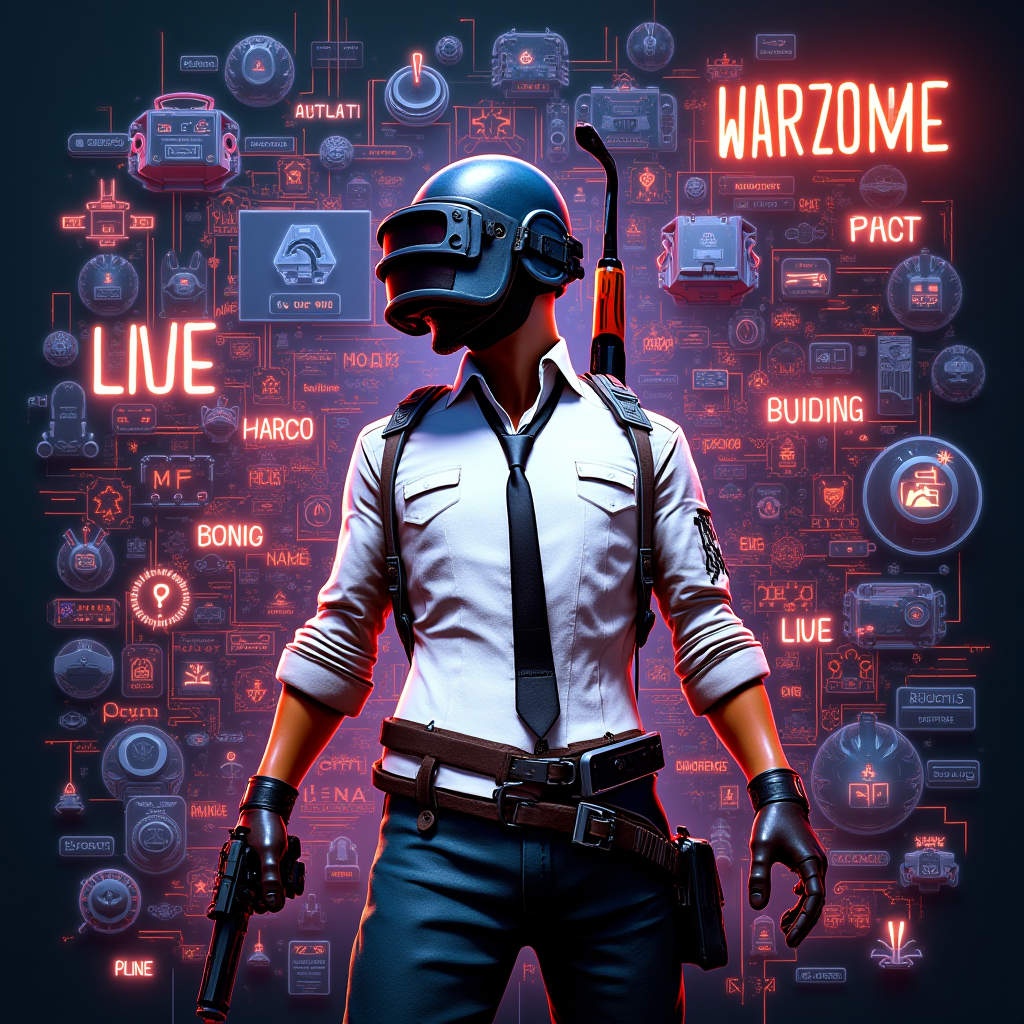 Collage-style image showing iconic elements from multiple battle royale games - PUBG pan, Fortnite building, Apex Legends abilities, Warzone loadout drops - connected by flowing lines of gaming slang terms in glowing neon text