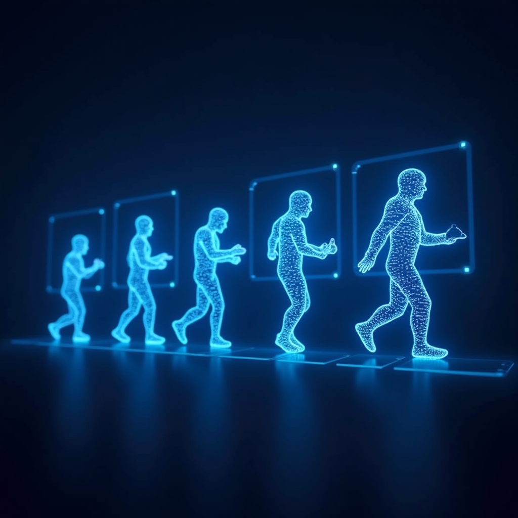 Futuristic gaming interface showing evolution of gaming slang over time, holographic text displays, cyberpunk aesthetic, neon blue glow