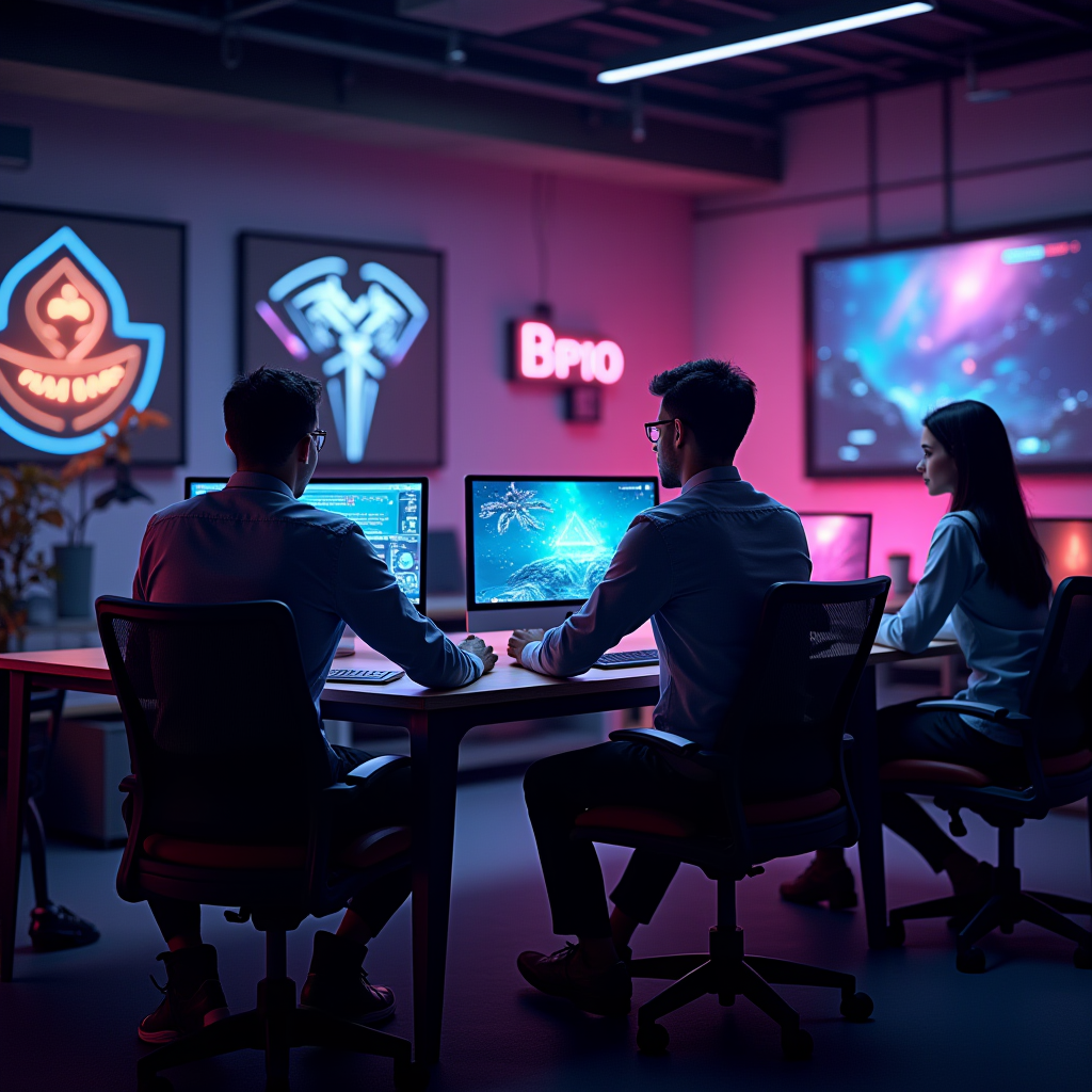 GameLingo team collaborating in modern office with gaming posters, neon signs, and multiple screens showing gaming content
