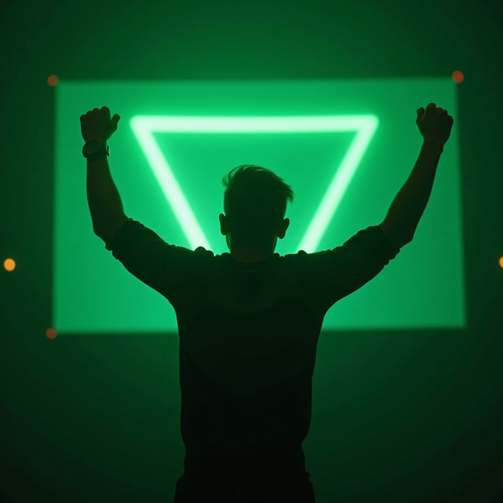 A triumphant gamer raising their arms in victory after defeating a difficult boss, with the game's victory screen glowing in neon green behind them, representing the satisfaction of overcoming challenges through persistence